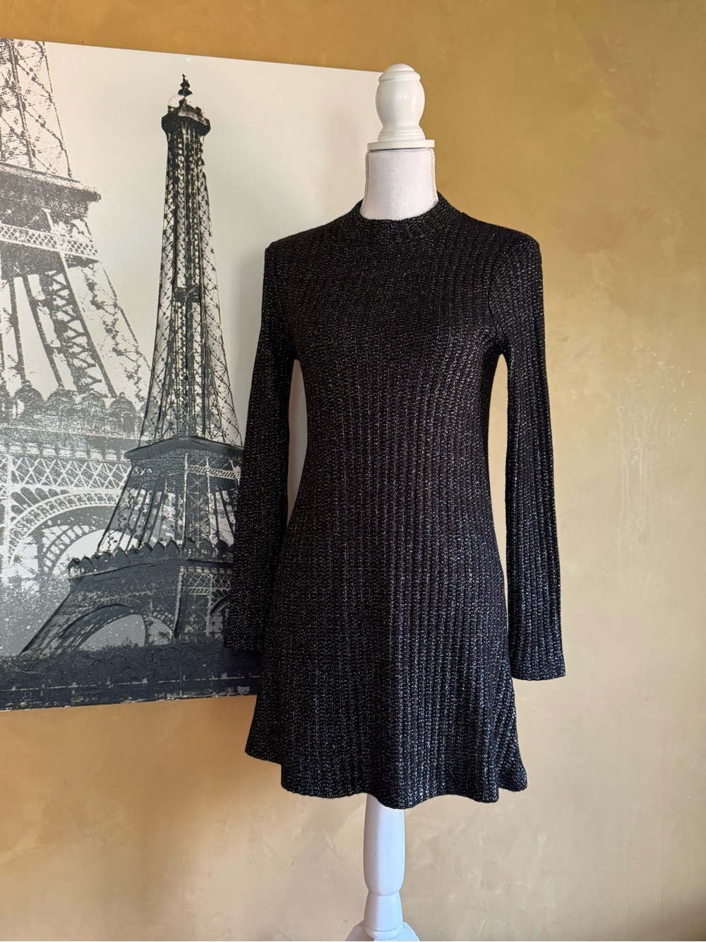 Urban Outfitters Black Shimmer Ribbed Long-Sleeve Dress